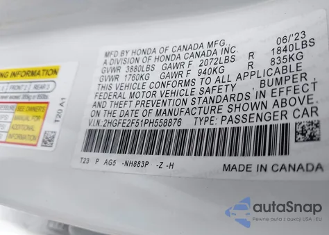 2023 Honda Civic Sport from USA, damaged, VIN 2HGFE2F51PH558876